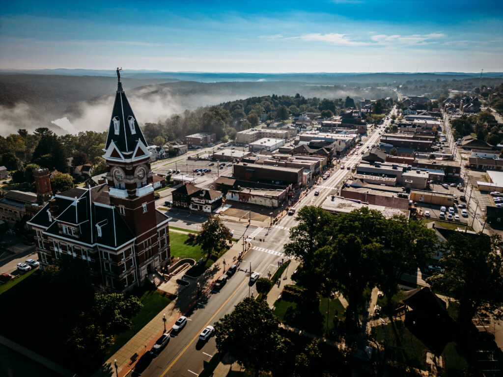 The town of Clarion from above with the courthouse in the foreground