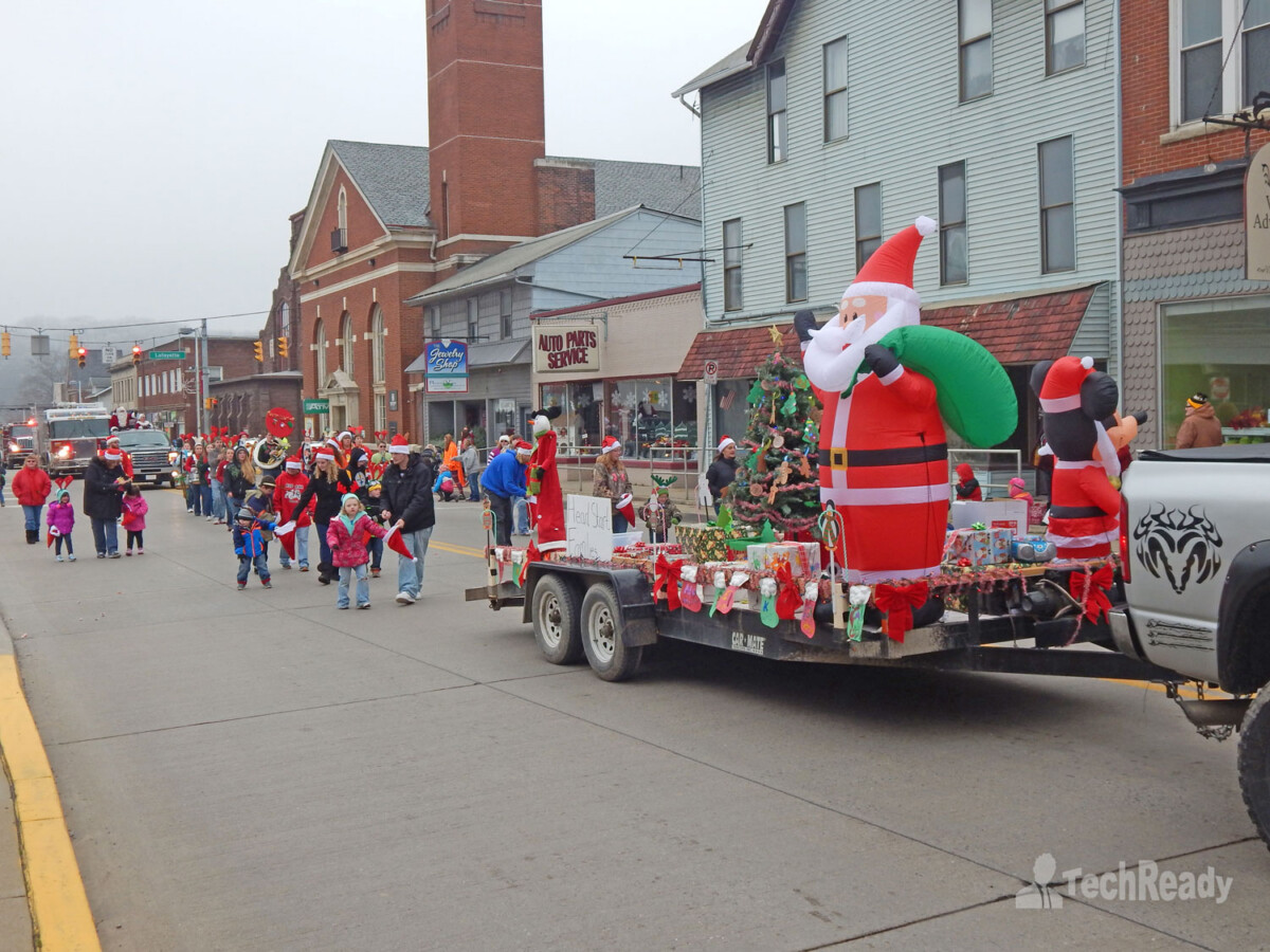 A Christmas parade happening along Broad Street in New Bethlehem, PA