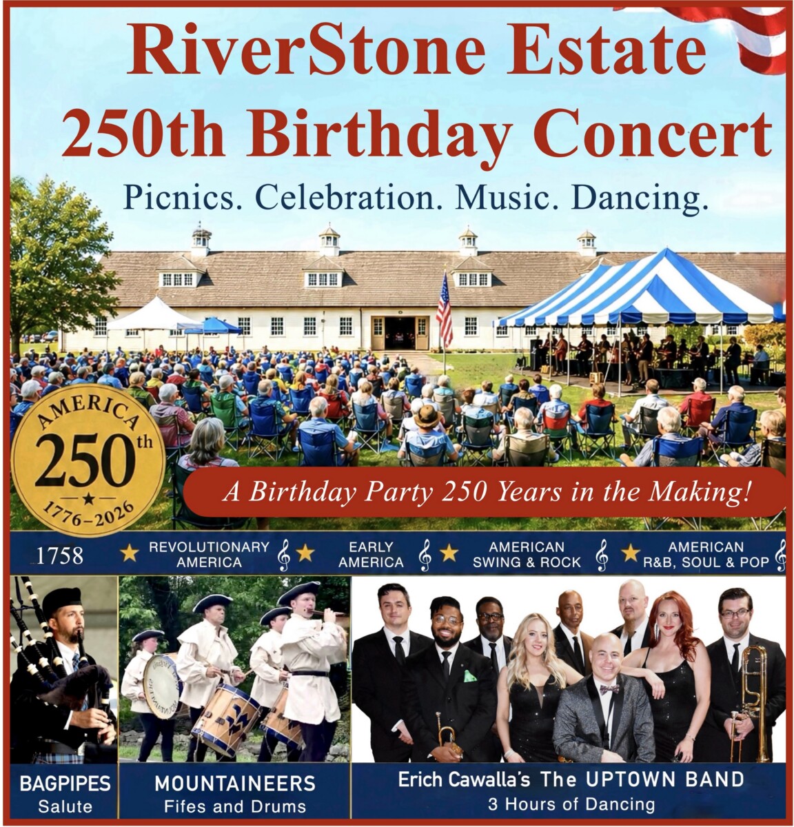 Poster for the America 250 music event in Foxburg, PA at the RiverStone Estate