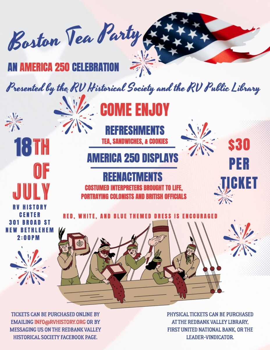 A poster for a Boston Tea Party event happening in New Bethlehem, PA for America 250